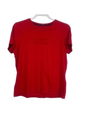 Tommy Hilfiger Sport Shirt Large Red Tonal Chest Logo Flag Stretch Tee Preppy